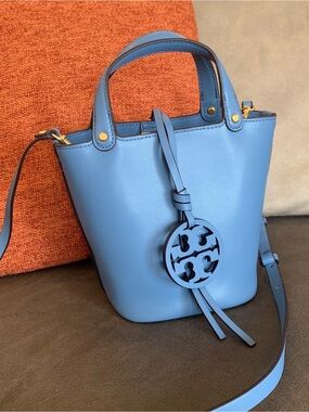 Tory Burch Sky Blue Leather Miller Mini Bucket Crossbody